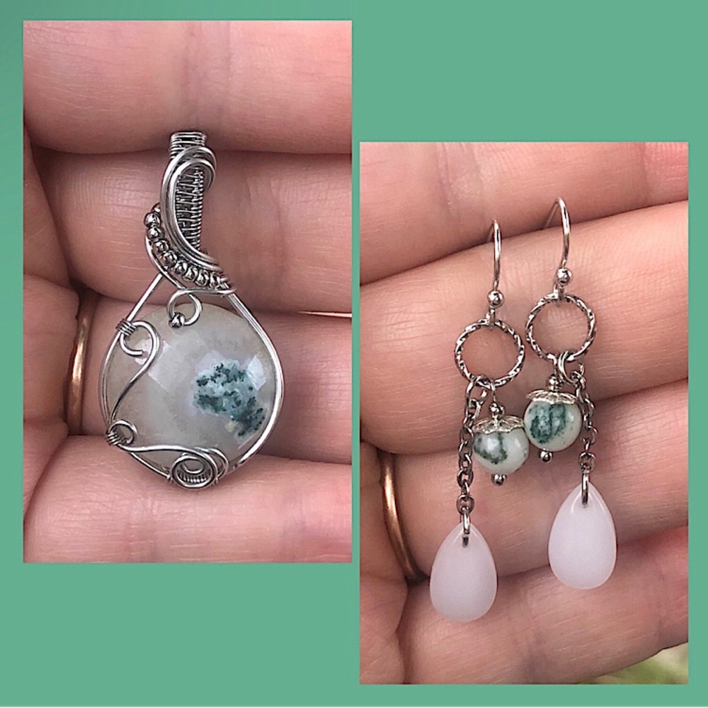 Wire Wrapped Tree Agate Pendant Necklace Earrings Set Handmade OOAK